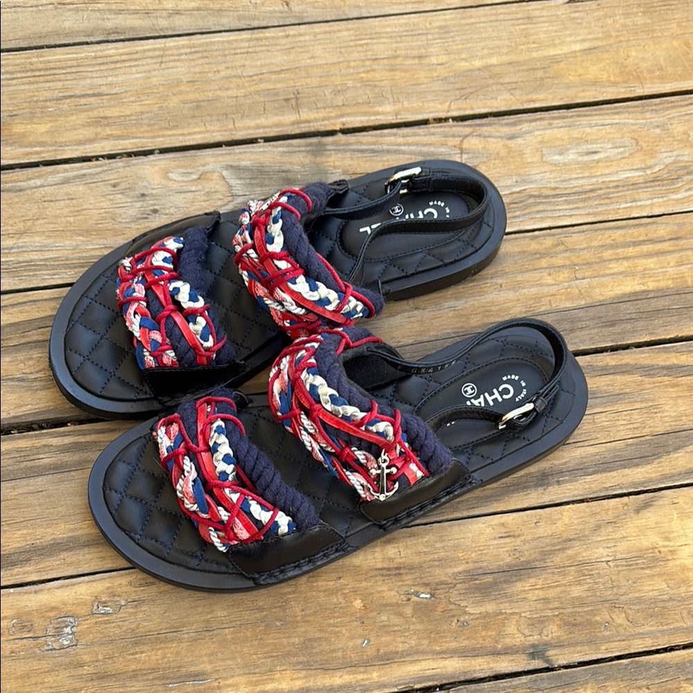 CHANEL Black Sandals with Red, Navy & White Braided Straps